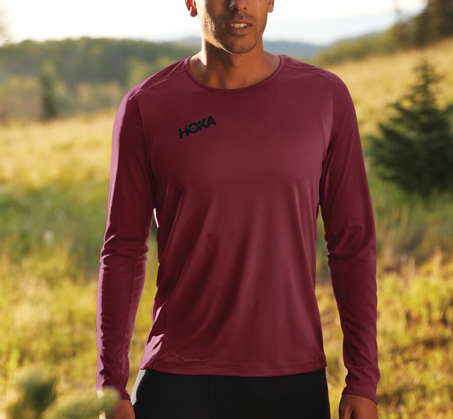 Top Hoka One One Hombre - Performance Largos Sleeve - Marrones - ERA867431